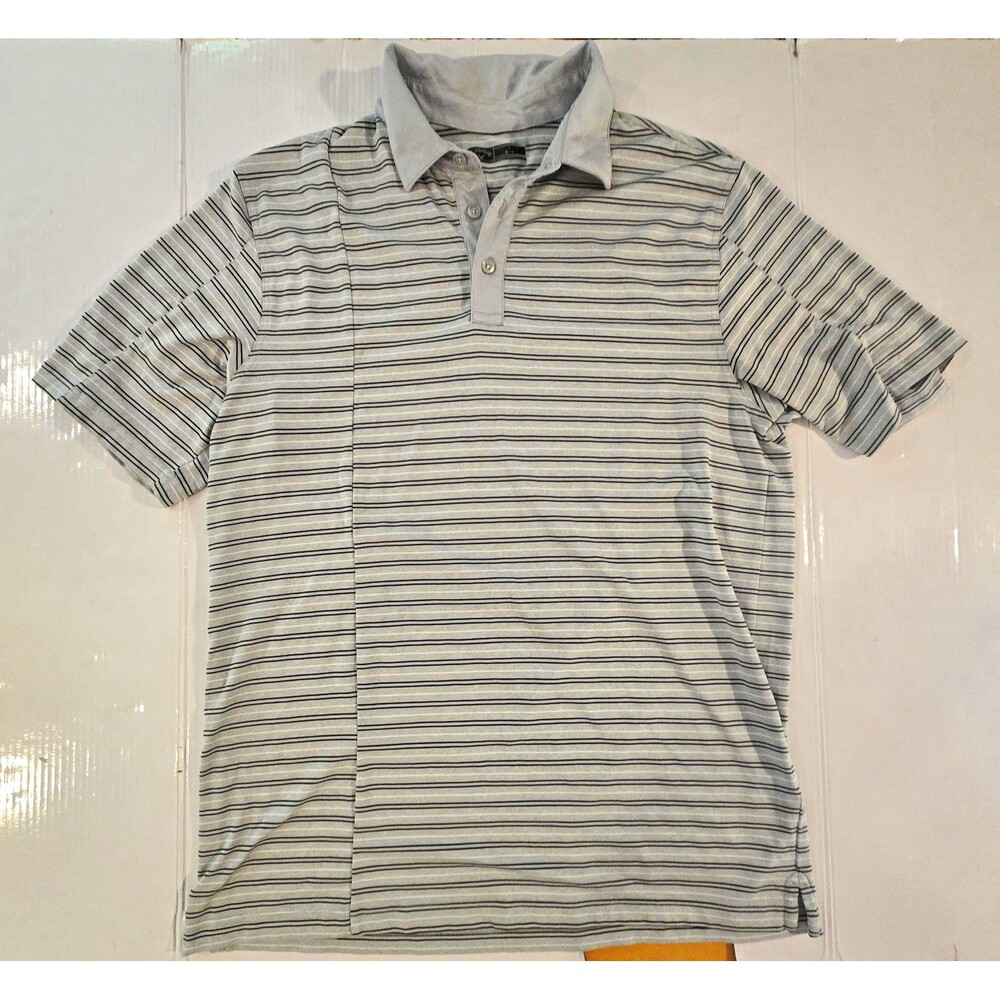 Callaway Men's L Regular Gray/Black Striped Button Polo Shirt Short Sleeve